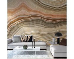 Fotobehang Profhome 382291-GU vliesbehang hardvinyl warmdruk in reliëf glad in marmerlook mat beige oranje groen grijs 3,71 m x 2,8 m