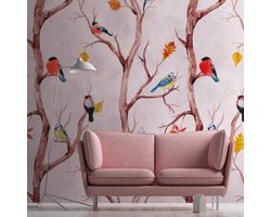 Fotobehang Profhome 382301-GU vliesbehang hardvinyl warmdruk in reliëf glad met Toile de Jouy patroon mat roze bruin geel blauw 1,59 m x 2,8 m