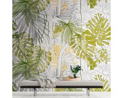 Fotobehang Profhome 382321-GU vliesbehang hardvinyl warmdruk in reliëf glad in jungle stijl mat groen wit grijs geel 3,71 m x 2,8 m