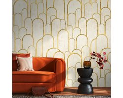 Fotobehang Profhome 398571-GU vliesbehang hardvinyl warmdruk in reliëf glad met grafisch patroon mat crème beige goud 1,59 m x 2,8 m