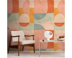 Fotobehang Profhome 398581-GU vliesbehang hardvinyl warmdruk in reliëf glad met grafisch patroon mat roze geel blauw blauw 1,59 m x 2,8 m