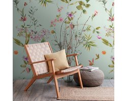 Fotobehang Profhome 398811-GU vliesbehang hardvinyl warmdruk in reliëf glad met bloemen patroon mat blauw groen roze oranje 1,59 m x 2,8 m