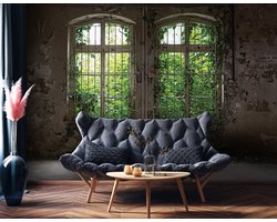 Fotobehang - Ramen - Ravage - Planten - Oude muur - Oud gebouw - Vliesbehang - (368 x 254 cm)