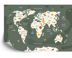 Fotobehang The World Map With Cartoon Animals For Kids, Nature, Discovery And Continent Name, Ocean Name. Children's Map Design For Wallpaper, Kids Room, Wall Art - Vliesbehang - 416 x 254 cm