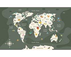Fotobehang The World Map With Cartoon Animals For Kids, Nature, Discovery And Continent Name, Ocean Name. Children's Map Design For Wallpaper, Kids Room, Wall Art - Vliesbehang - 254 x 184 cm