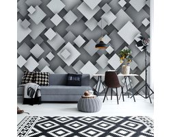 Fotobehang - Vlies Behang - 3D - Grijze Vierkanten - 254 x 184 cm