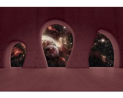Fotobehang - Vlies Behang - 3D Planeten en Sterren door de Betonnen Ramen - Ruimte - Cosmos - Heelal - 254 x 184 cm