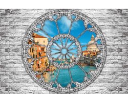 Fotobehang - Vlies Behang - 3D Uitzicht door Sierlijk Raam op Venetië - 312 x 219 cm