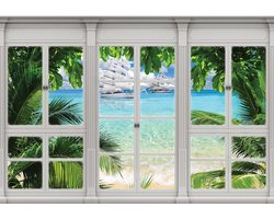 Fotobehang - Vlies Behang - 3D Uitzicht op de Tropische Zee en het Strand door het Raam - 312 x 219 cm