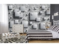 Fotobehang - Vlies Behang - 3D Vierkanten op Stenen Muur - 416 x 290 cm