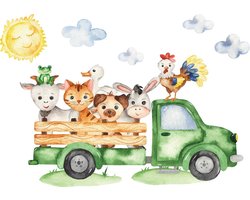 Fotobehang - Vlies Behang - Boerderijdieren op de Vrachtwagen - Kinderbehang - 312 x 219 cm