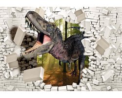 Fotobehang - Vlies Behang - Dinosaurus door de Stenen Muur 3D - Dino - 368 x 254 cm