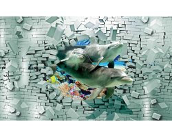 Fotobehang - Vlies Behang - Dolfijnen komen uit Stenen Muur 3D - 254 x 184 cm