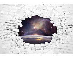 Fotobehang - Vlies Behang - Gebroken Bakstenen Muur met de Ruimte 3D - Space - Universum - Heelal - 368 x 280 cm
