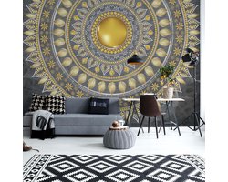 Fotobehang - Vlies Behang - Gouden Mandala op een Grijze Achtergrond - 254 x 184 cm