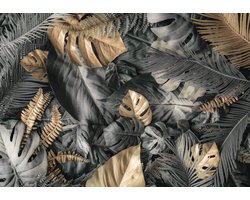 Fotobehang - Vlies Behang - Grijze en Gouden Botanische Jungle Bladeren - 460 x 300 cm