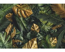 Fotobehang - Vlies Behang - Groene en Gouden Botanische Jungle Bladeren - 416 x 254 cm