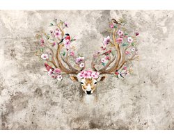 Fotobehang - Vlies Behang - Hert met Bloemen in het Gewei op Betonnen Achtergrond - 368 x 254 cm