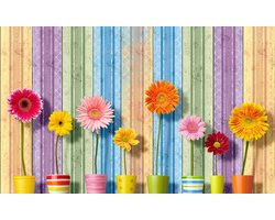 Fotobehang - Vlies Behang - Kleurrijke Bloemen in Vazen op Gekleurde Houten Planken - 254 x 184 cm