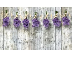 Fotobehang - Vlies Behang - Lavendel aan de Waslijn - Bloemen - Grijze Houten Planken - 416 x 254 cm