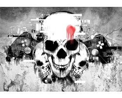 Fotobehang - Vlies Behang - Skulls en Gamecontrollers op Beton - Schedels - Game - 312 x 219 cm