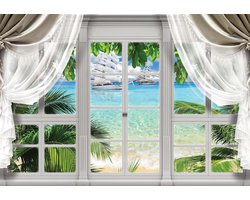 Fotobehang - Vlies Behang - Uitzicht op de Tropische Zee vanuit het Raam 3D - 152,5 x 104 cm