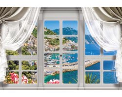 Fotobehang - Vlies Behang - Uitzicht op de Turquoise Baai vanuit het Raam 3D - 152,5 x 104 cm
