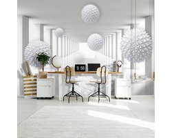 Fotobehang - Vlies Behang - Witte Tunnel met Ballen in 3D – 368 x 254 cm – Zwart Wit - futuristische gang
