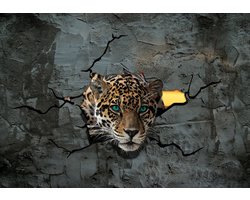 Fotobehang - Vliesbehang - Luipaard in Betonnen Gebroken Muur 3D - Panter - Jaguar - 104 x 70,5 cm