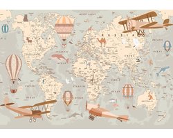 Fotobehang - Vliesbehang - Retro Wereldkaart voor Kinderen - Vintage - Dieren - Kinderbehang - 368 x 254 cm