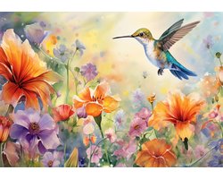 Fotobehang - Vogel - Kolibri - Bloemen - Vogels - Geschilderd - Vliesbehang- 254x184cm