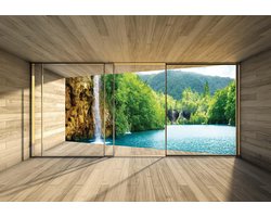 Fotobehang Window Waterfall Lake Mountains Forest | XXXL - 416cm x 254cm | 130g/m2 Vlies