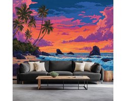 Fotobehang Zonsondergang Strand - Wanddecoratie Poster - Muren Verfraaien - 3D Olieverf Stijl - 200 x 140 cm - Oranje