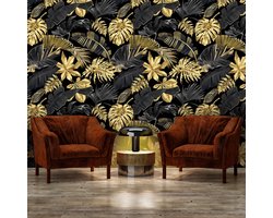 Fotobehangkoning - Behang - Fotobehang - Gouden en Zwarte Bladeren - Luxe - Modern - 152,5 x 104 cm
