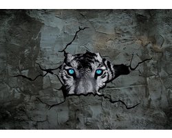 Fotobehangkoning - Behang - Fotobehang - Witte tijger achter betonnen muur - 3D - Vliesbehang - 104 x 70,5 cm