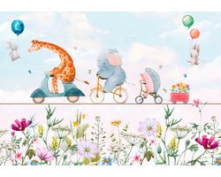 Fotobehangkoning - Fotobehang - Vliesbehang - Behang - Kinderbehang - Dieren - Bloemen - Giraffe - Olifant - Egel - Kinderkamer - 152,5 x 104 cm