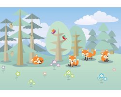 Fotobehangkoning - Fotobehang - Vliesbehang - Behang - Kinderbehang - Vosjes - Vossen in het Bos - Bomen - 152,5 x 104 cm
