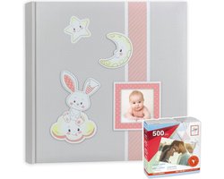 Fotoboek/fotoalbum Fred baby meisje met 30 paginas roze 32 x 32 x 3,5 cm inclusief 500 fotoplakkers/stickers