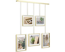 fotocollage Fotolijst - Flexibele fotolijstjes voor horizontale en diagonale bevestiging, voor 5 foto's, kunstdrukken, foto's, mat messing, 10 x 15 en 13 x 18 cm, 5 frames