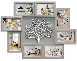 Fotocollage Frame - Meerdere Foto Lijst - Muurdecoratie Maken - Boom Decor Ontwerp - 8 Openingen - Grijs