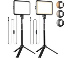 Fotografie Verlichtingsset – 2x LED Tafel Videolamp – 2800K-6500K – Dimbaar – 14x18 cm – Voor Filmen, Zoom, Gaming, Streaming & TikTok – Inclusief 40-60 cm Verstelbaar Statief