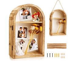 fotolijst 10x15 - 3d fotolijst voor objecten - Schaduwdooslijst - 25x41,5cm - Grote schaduwdozen vitrines - met linnen achterkant en verwijderbare planken - Fotolijst Bruidsboeket Memorabilia Medailles Foto's Herinneringsdoos voor aandenkens - bruin