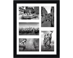 Fotolijst 11x14 inch - Zwart | 5 openingen voor 4x6 inch foto's | Met breukvast glas | Multidiafragma collageslijst | Horizontaal en verticaal geschikt | Elegant interieuraccessoire | Gemakkelijk te hangen | Perfect voor familiefoto's, collages