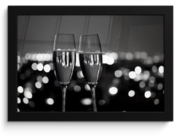 Fotolijst inclusief poster - Posterlijst 30x20 cm - Posters - Bubbels - Proosten - Champagneglazen - Stadslichten - Foto in lijst - Keuken decoratie muur - Wanddecoratie accessoires - Muurdecoratie - Schilderijen