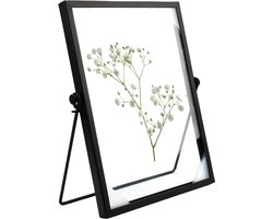 Fotolijst staand glas A5, 15 x 20 cm, zwart, fotolijst van glas, metaal, zwart, glazen frame voor geperste bloemen, dubbelzijdig, voor bruiloft, woondecoratie