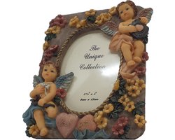 Fotolijstje 15 x 18 cm met engel beelje decoratie - 2 engelenbeeldjes op foto lijstje polyresin materiaal | GerichteKeuze
