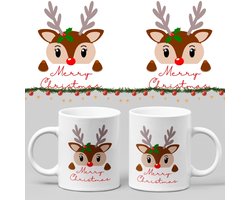 Foute kerst mok – Merry Christmas Reindeer – Wurban Wear | 18+ | Keramiek | 325 ml (11oz) | Grappige mok | Leuk cadeau | Koffiemok | Drinkbeker | Kerst mok | Foute kerst mok | Kerstcadeau | Fout cadeau | Vaatwasser & magnetronbestendig | Wit