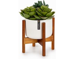 Fox & Fern Plantenstandaard met bloempot, Stijlvolle plantenstandaard hout, Stabiele plant stand, Plantenstandaard van duurzaam hout, Bloempot standaard van acaciahout, Plantenstandaard modern