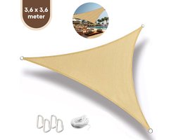FOXLY® Schaduwdoek Driehoek 3,6 x 3,6 x 3,6 Meter Crème - HDPE Materiaal - Incl. Touw en Karabijnhaken - Schaduwdoeken - Schaduwnet - Zonwering