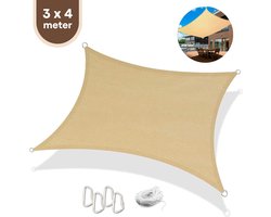 FOXLY® Schaduwdoek Rechthoek 3 x 4 Meter Crème - HDPE Materiaal - Incl. Touw en Karabijnhaken - Schaduwdoeken - Schaduwnet - Zonwering